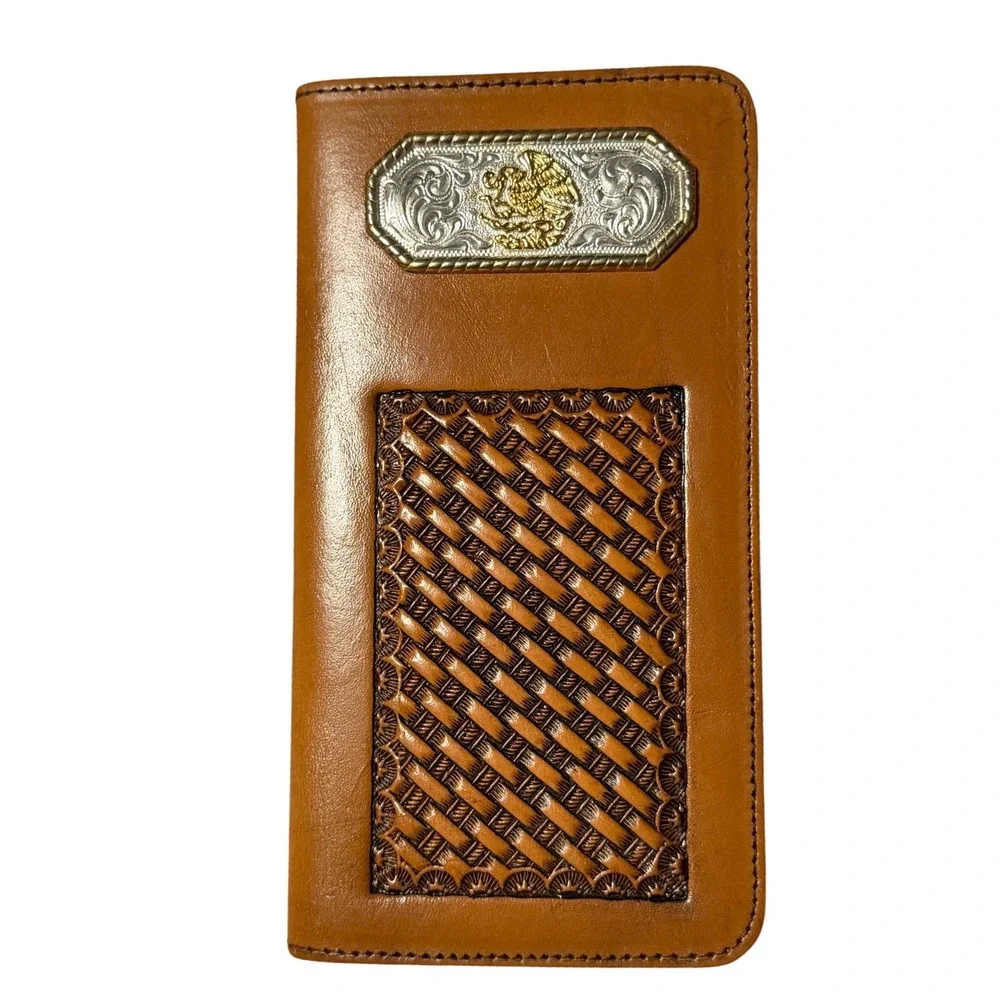 Nocona Mens Tan Leather Western Long Wallet Mexican Eagle Basketweave Bifold